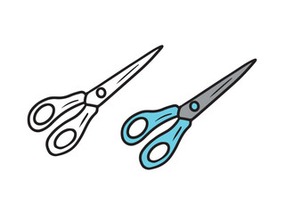Small blue scissors for paper with plastic handle in black isolated on white background. Hand drawn vector sketch illustration in doodle engraved vintage line art style. School equipment
