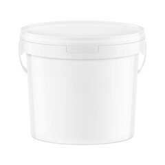 White plastic bucket for paints, horeca food, glue. Realistic vector illustration isolated on white background. Ready for your design. EPS10.