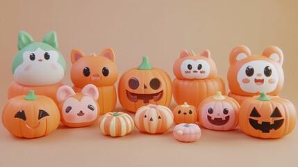Cute and colorful Halloween-themed pumpkins with various animal faces against a pale background. Perfect for festive decoration.