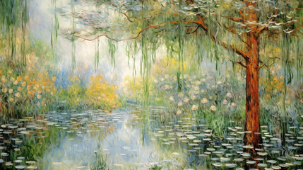 Impressionist landscape of a serene summer pond surrounded by blossoming flora