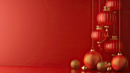 Festive background Happy New Year in Asian style. Happy Chinese New Year banner background template. Decoration with traditional festival lanterns on a red background.