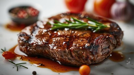 Close-up of a perfectly grilled juicy steak garnished with fresh rosemary, with cherry tomatoes and garlic in the background.