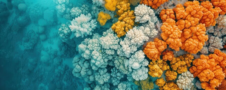 Various colored corals in the blue sea