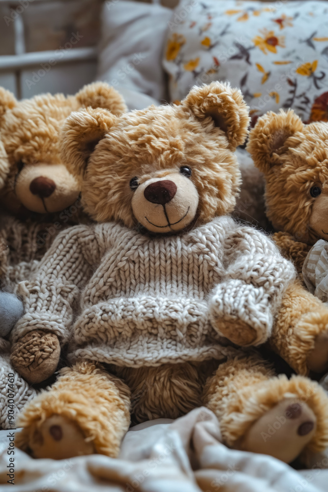 Wall mural A group of teddy bears sitting on top of a bed