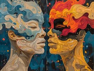 Abstract Couple Portrait with Blue and Red Patterns.