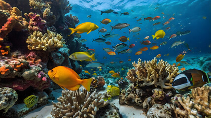 Naklejka premium A colorful reef with many fish swimming around