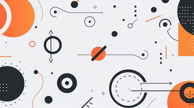 Abstract background with black and orange circles, lines, and arrows on a white backdrop, representing modern design and dynamic motion