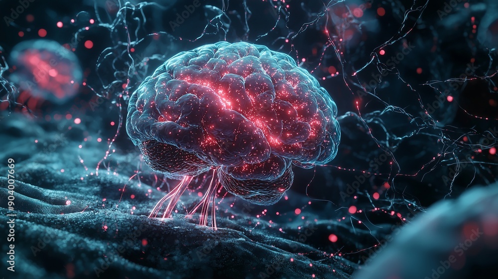 Poster visualization of brain signals and impulses in the context of neurocosmetics and neuroscience. neura