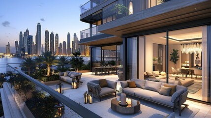 Modern Minimalist Balcony with Open Living and Dining Area Overlooking City Skyline at Dusk. Featuring Comfortable Seating, Coffee Table, Plants, Soft Lighting.