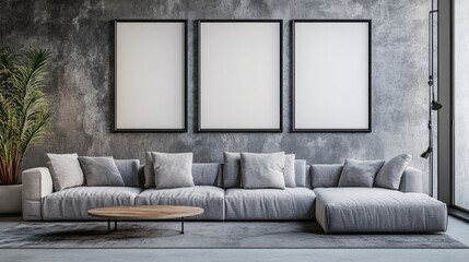 Modern Loft Living Room Interior Design with Empty Frames on the Wall, Mockup