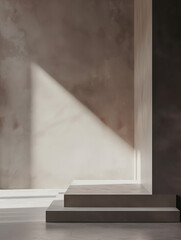Simple minimalist gray stone podium. Pedestal, stand, mockup, empty space for advertising. Stylish simple design, geometric shapes.