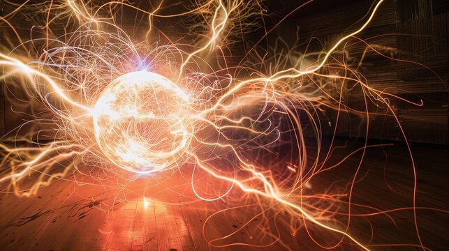 Ball lightning phenomenon inside a room, with vibrant energy and electrical arcs illuminating the space, representing a rare and powerful natural occurrence