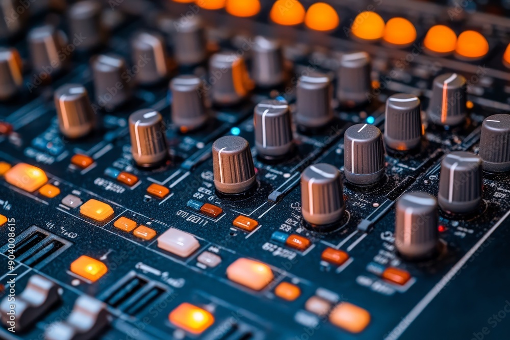 Poster the heart of sound: a close-up of an illuminated audio mixing console in action