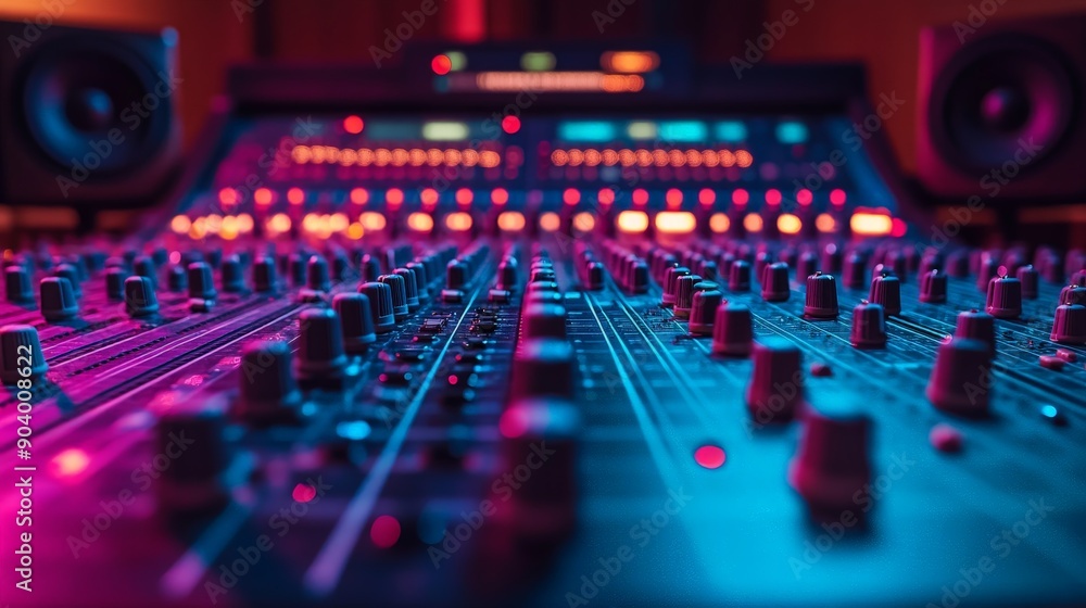 Poster immersive and dynamic view of a vibrantly lit sound mixing console