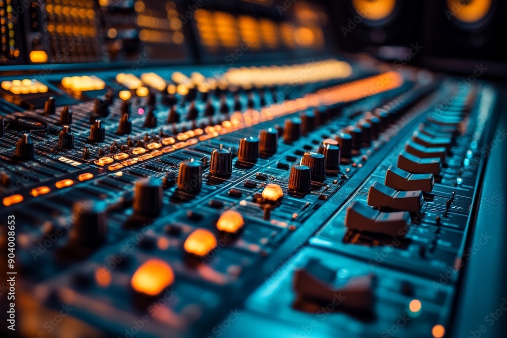 Poster dynamic close-up of a vibrant sound mixing board illuminated with warm colors in a recording studio