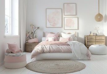 Charming White and Pink Girls' Bedroom with Cute Art Frames on Walls, Minimalist Decor with Light Colors, Soft Pastel Tones, Pale Grey Bed, Wooden Chest of Drawers, Round Carpet, Vintage Sofa.