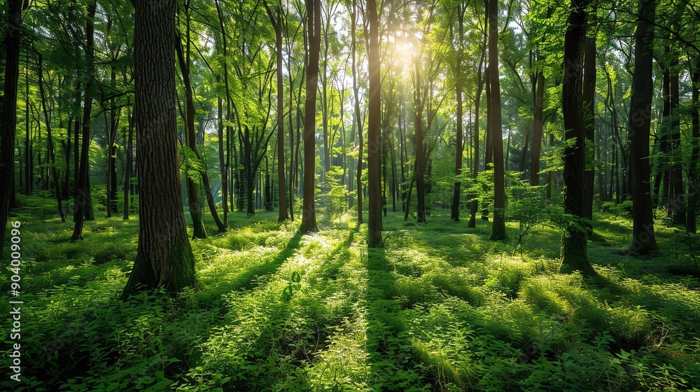 Poster sunlight beams through the trees in a dense forest.