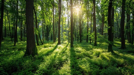 Fototapeta premium Sunlight beams through the trees in a dense forest.