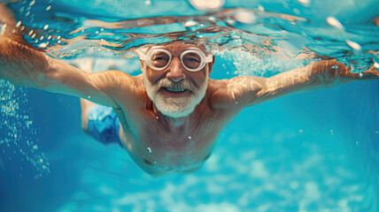 Fototapeta premium Happy older man swimming with copy space