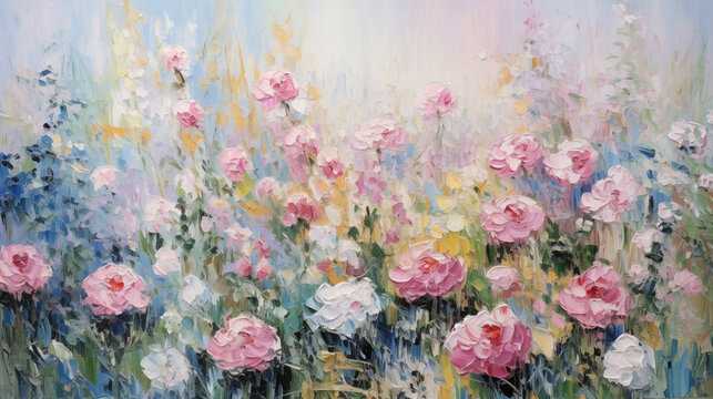 Vibrant summer garden with pink roses in impressionist style