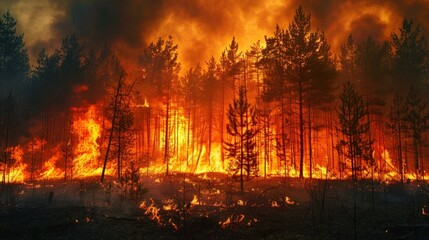 Wildfire in a burning forest, with thick smoke and flames causing environmental devastation. Intense firestorm ravaging trees, illustrating the catastrophic impact on nature and climate 