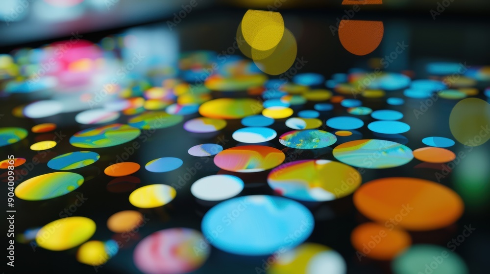 Poster sleek black surface reflects vibrant colorful circles, creating a modern and dynamic design. glowing