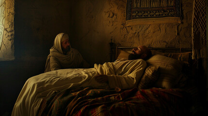 Caring for a sick lying man. Biblical ancient times. Illustration for the parable of the Good Samaritan