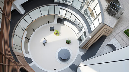 Fototapeta premium Features an open courtyard with sleek, contemporary design elements.