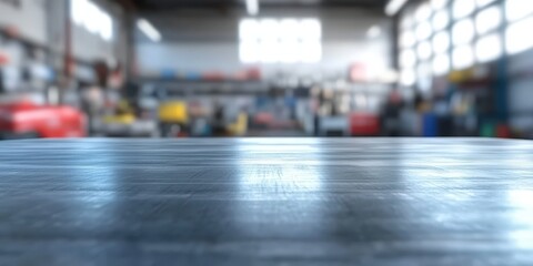 empty table top in a modern car workshop or garage,  for product display advertising