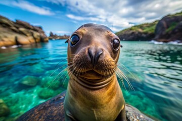 Fototapeta premium A curious sea lion peers upwards with big brown eyes, whiskers twitching, posing on a rocky outcrop in the crystal-clear waters of the Galapagos Islands.