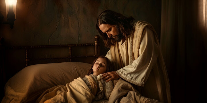 Jesus Christ at the bedside of a sick girl. The Gospel story about the resurrection of Jairus's daughter. For Christian publications