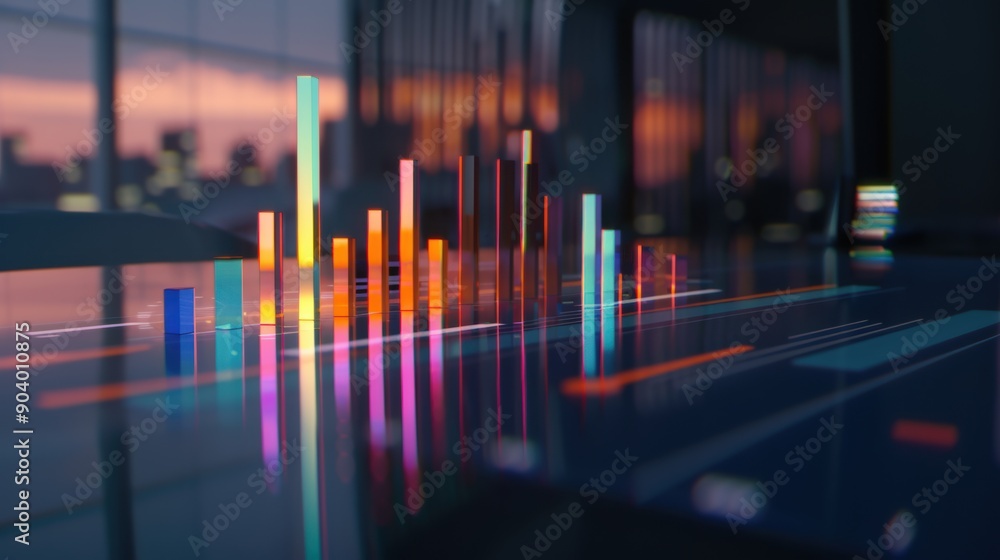 Aufkleber glowing stock exchange data with rising and falling bar graphs reflecting on a glass table