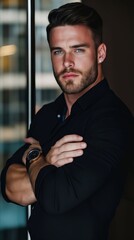 A man with a beard leaning against a window with his arms crossed
