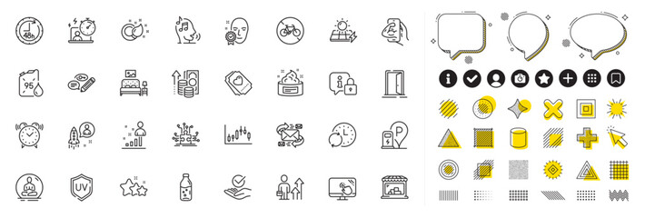 Set of Inflation, Candlestick graph and Keywords line icons for web app. Design elements, Social media icons. E-mail, Timer, Love ticket icons. Update time, Uv protection, Open door signs. Vector