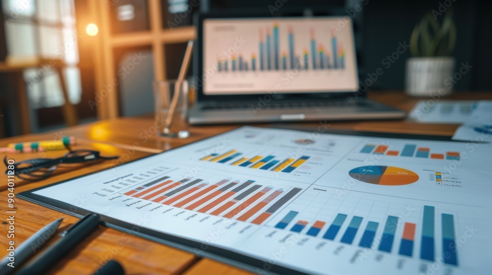 Poster market data analysis charts and graphs are showcased on a desk, with a laptop in the background