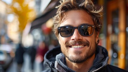 A trendy man sporting sunglasses and a casual, yet fashionable outfit downtown.