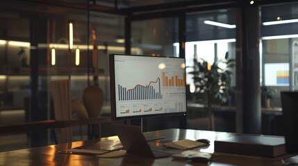 Desktop computer displaying a statistical chart is sitting on a desk in an empty modern office