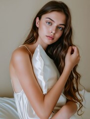 Naklejka premium A woman sitting on a bed wearing a white dress