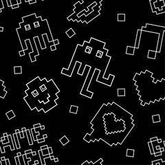 Pixel Y2k retro seamless pattern in 90s style. Trendy playful art. Octopus, smile, lips and Game over text in black and white colours. 8bit aesthetics, vector illustration. Naive Simple geometric form