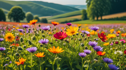 Obraz premium Fantastic meadow flowers on forest field. Dreamy sunset sunlight, rays tranquil outdoors, summer natural scene. Beautiful landscape, trees, floral closeup, enchanting view. Inspirational AI generated