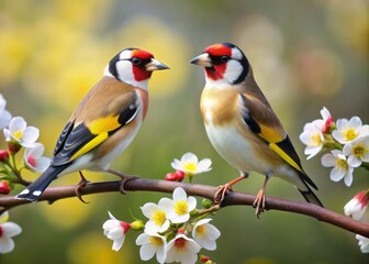 Fototapeta premium Two vibrant European goldfinches, Carduelis carduelis, perch on a branch amidst blooming flowers, showcasing their striking red, yellow, and black plumage against a soft natural backdrop.