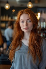 Obraz premium A woman with long red hair standing in a restaurant