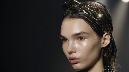 Elegant Woman with Sparkling Headband and Glossy Makeup