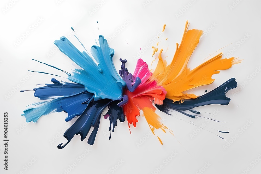 Poster explosion of colorful paint splashes blending together in a dynamic, abstract pattern, showcasing en