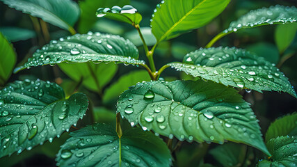Beautiful abstract dark green of tropical plants green lush after rain drops in monsoon season. rainy season, water drop on green palm leaf, big foliage in rain forest, nature background. AI generated