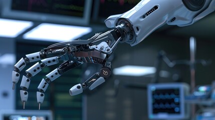 Fototapeta premium A detailed look at a robotic surgical arm performing a precise maneuver during a complex operation.