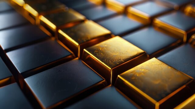 A detailed close-up of stacked gold bars on a reflective surface, symbolizing wealth, luxury, or financial themes. Ideal for financial, investment, or luxury content
