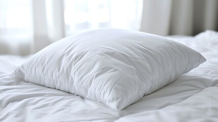 Obraz premium A white pillow on a white bed with a window in the background.
