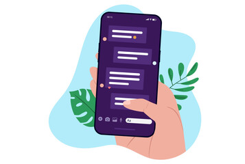 Text message on phone screen - Hand holding smartphone with texting and messaging symbols on screen having online chat conversation on smartphone. Flat design vector illustration with white background
