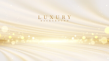 Elegant stage backdrop with golden lights shining from behind With bokeh decoration. Cream elegant background Suitable for product promotions and award ceremonies.